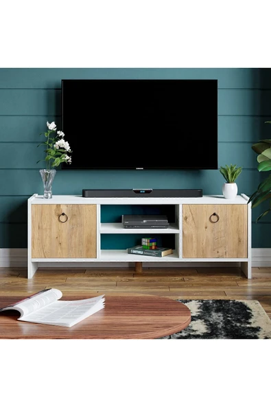 interGO Tv Sehpası Kapaklı Raflı Tv Ünitesi Televizyon Sehpası - Beyaz - Atlantik Çam - Resim 2