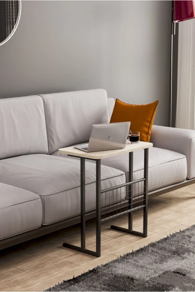 interGO Metal Ayaklı Laptop Sehpası Koltuk Sehpası Kahvaltı Masası Çalışma Sehpası - Traverten Desenli - Resim 2