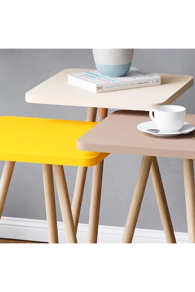interGO Renkli Üçlü Zigon Sehpa Ahşap Ayaklı Kare Pastel Tasarım Sarı Krem Cappuccino - 2