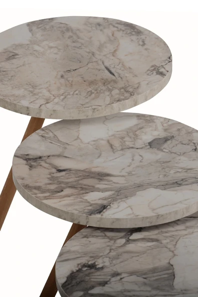 interGO Üçlü Zigon Sehpa Ahşap Ayaklı Yuvarlak Mermer Desenli Tasarım Efes - 4