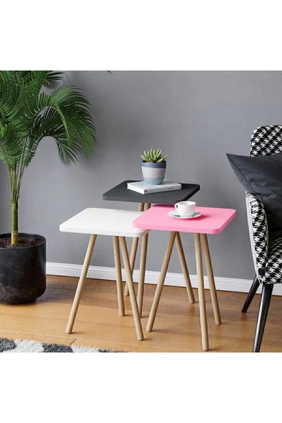 interGO Renkli Üçlü Zigon Sehpa Ahşap Ayaklı Kare Pastel Tasarım Pembe Beyaz Gri