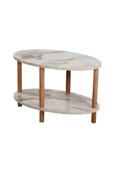 interGO Oval Ahşap Ayaklı Iki Katlı Gazetelikli - Krem Mermer Desenli Orta Sehpa - 3