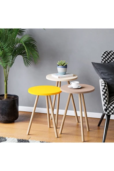 interGO Renkli Üçlü Zigon Sehpa Ahşap Ayaklı Yuvarlak Pastel Tasarım Sarı Krem Cappuccino ürün görseli