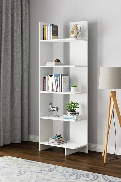 interGO Asimetrik Beş Raflı Kitaplık - Beyaz