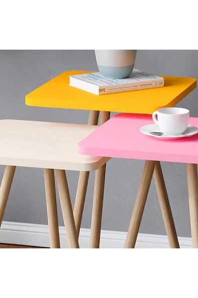 interGO Renkli Üçlü Zigon Sehpa Ahşap Ayaklı Kare Pastel Tasarım Sarı Krem Pembe - 2