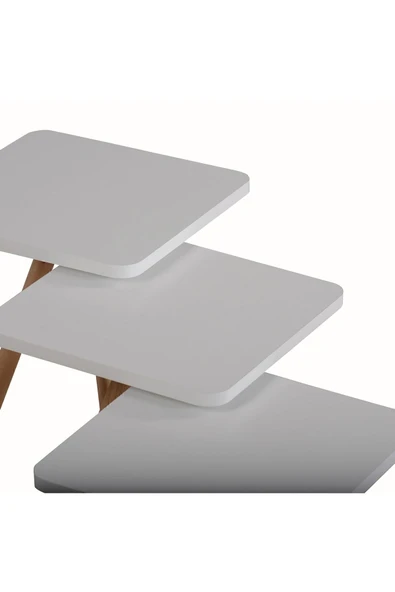 interGO Üçlü Zigon Sehpa Ahşap Ayaklı Kare Tasarım Beyaz - 5