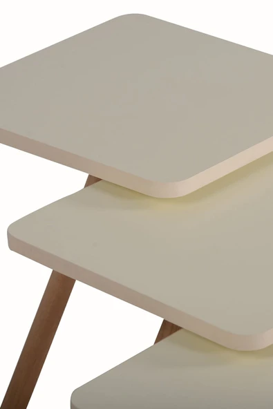 interGO Üçlü Zigon Sehpa Ahşap Ayaklı Kare Tasarım Krem - 5