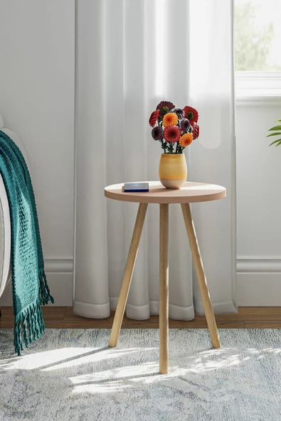 interGO Yuvarlak Yan Sehpa Ahşap Ayaklı Tekli Zigon Sehpa - 3