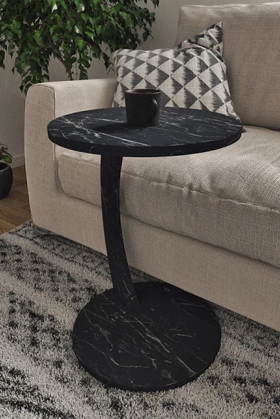 interGO Tekerlekli C Sehpa Koltuk Sehpası Yan Sehpa Zigon Sehpa Servis Sehpası - Siyah Mermer Desen - 2