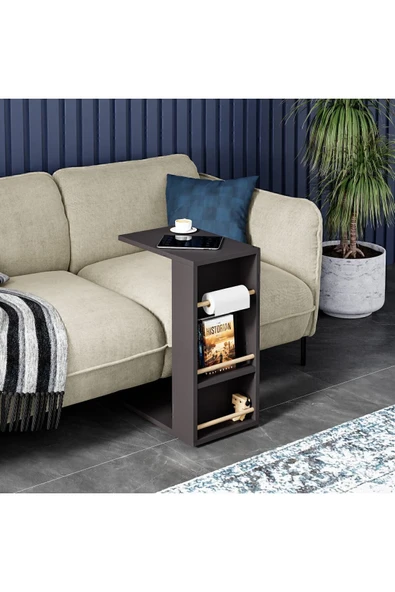 interGO Tekerlekli Yan Sehpa Rulo Havlu Takılabilir Koltuk Sehpası C Sehpa Zigon Sehpa - Antrasit Gri - 2