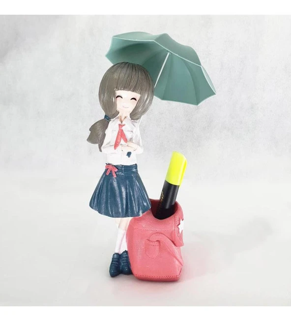 Polyester Şemsiyeli Kız Biblo Kalemlik Pembe Sepetli - Resim 2