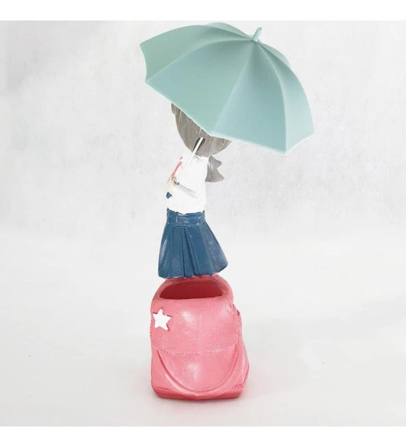 Polyester Şemsiyeli Kız Biblo Kalemlik Pembe Sepetli - Resim 3