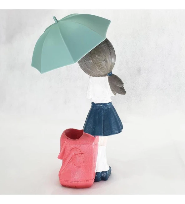 Polyester Şemsiyeli Kız Biblo Kalemlik Pembe Sepetli - Resim 4