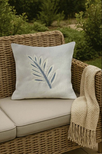 Rivaİstanbul Mavi Yapraklar Hasır Görünümlü Dokuma Punch Kırlent Kılıfı - Resim 2