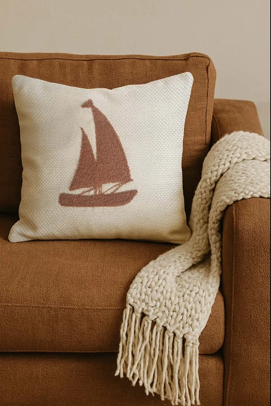 Rivaİstanbul Kiremit Yelkenli Hasır Görünümlü Dokuma Punch Kırlent Kılıfı - Resim 3