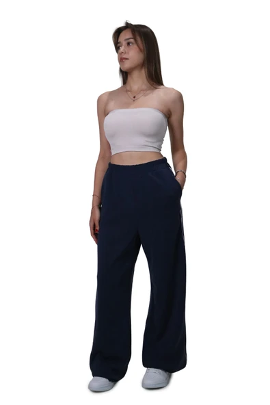 Kadın Modal Kumaş Kontrast Detaylı Lacivert Düz Kesim Pantolon - 2