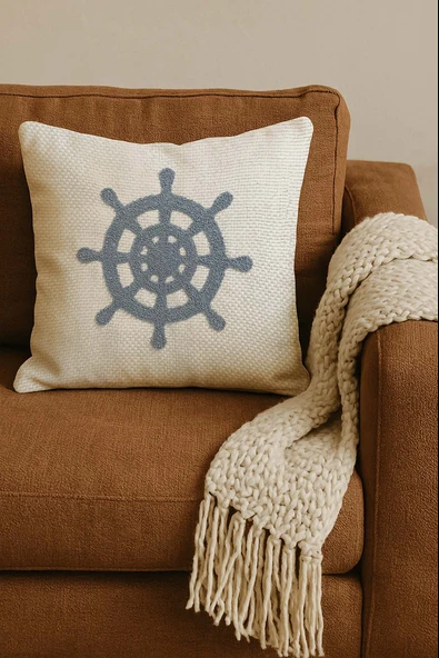 Rivaİstanbul Mavi Dümen Hasır Görünümlü Dokuma Punch Kırlent Kılıfı - Resim 2