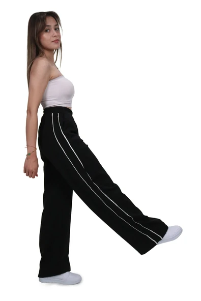 Kadın Modal Kumaş Kontrast Detaylı Siyah Düz Kesim Pantolon