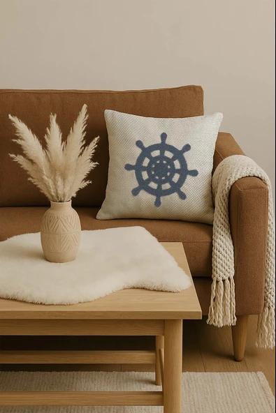 Rivaİstanbul Mavi Dümen Hasır Görünümlü Dokuma Punch Kırlent Kılıfı - Resim 3