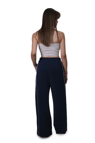 Kadın Modal Kumaş Kontrast Detaylı Lacivert Düz Kesim Pantolon - 5