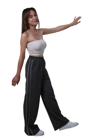 Kadın Modal Kumaş Kontrast Detaylı Antrasit Düz Kesim Pantolon