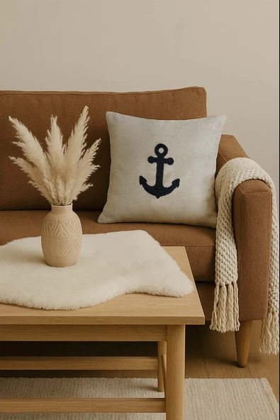 Rivaİstanbul Lacivert Çapa Hasır Görünümlü Dokuma Punch Kırlent Kılıfı - Resim 4