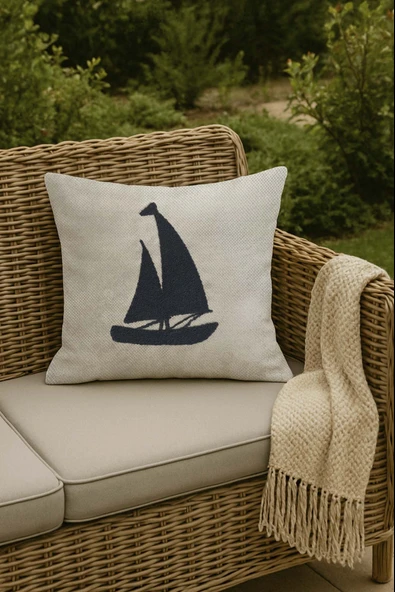 Rivaİstanbul Lacivert Yelkenli Hasır Görünümlü Dokuma Punch Kırlent Kılıfı - Resim 2