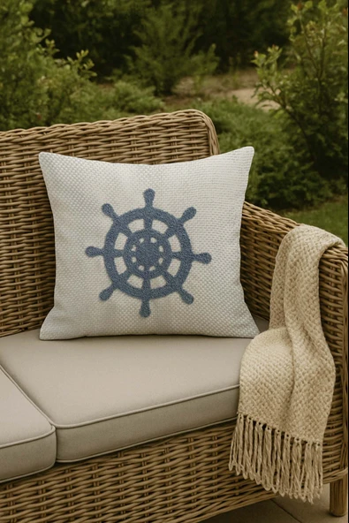 Rivaİstanbul Mavi Dümen Hasır Görünümlü Dokuma Punch Kırlent Kılıfı ürün görseli