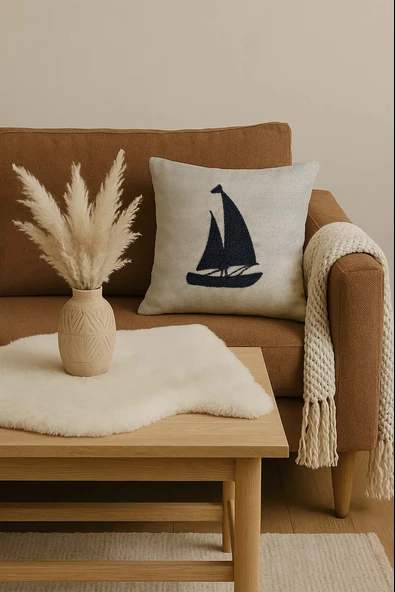 Rivaİstanbul Lacivert Yelkenli Hasır Görünümlü Dokuma Punch Kırlent Kılıfı - Resim 4