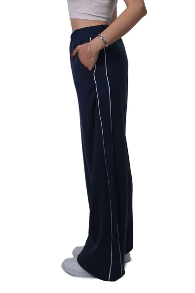 Kadın Modal Kumaş Kontrast Detaylı Lacivert Düz Kesim Pantolon - 4