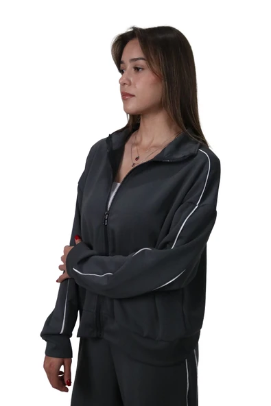 Kadın Modal Kumaş Kontrast Detaylı Rahat Kalıp Antrasit Ceket Hırka - 2