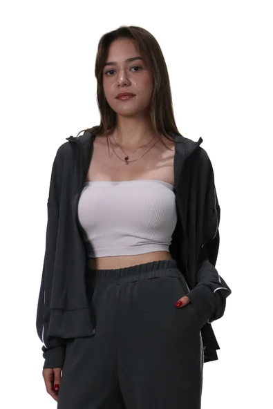 Kadın Modal Kumaş Kontrast Detaylı Rahat Kalıp Antrasit Ceket Hırka - 3