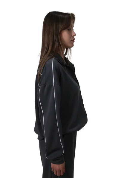 Kadın Modal Kumaş Kontrast Detaylı Rahat Kalıp Antrasit Ceket Hırka - 5