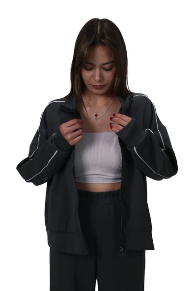 Kadın Modal Kumaş Kontrast Detaylı Rahat Kalıp Antrasit Ceket Hırka - 4