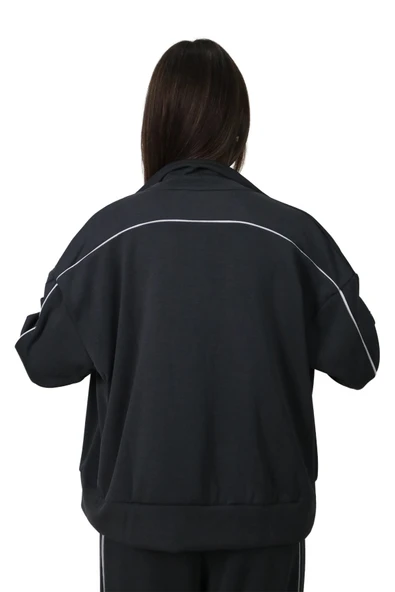 Kadın Modal Kumaş Kontrast Detaylı Rahat Kalıp Antrasit Ceket Hırka - 6