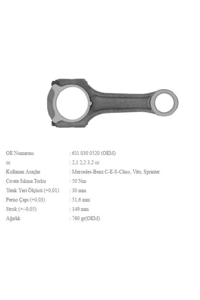 BMY 0713 PISTON KOLU 88MM 2.1 2.2 3.2 (MERCEDES C-E-S-CLASS VITO SPRINTER ) OM611 OM612 OM613 CDI ürün görseli 1