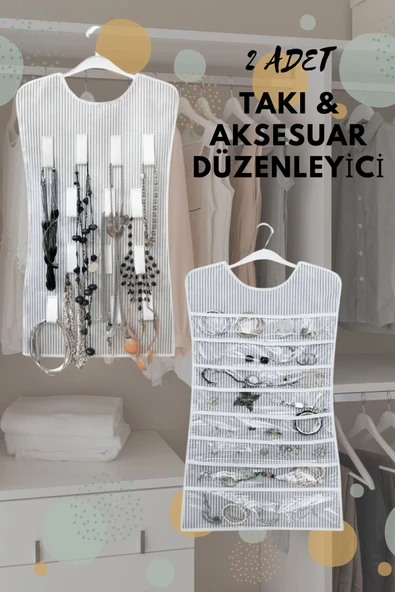 2 Adet Çift Taraflı Dolap İçi Asılabilir Takı Aksesuar Kolye Bilezik Küpe Yüzük Düzenleyici - 7