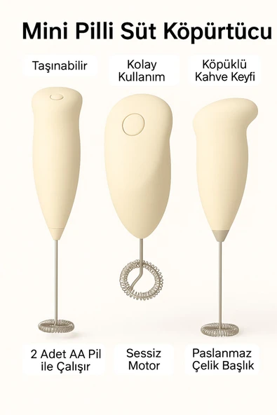 2 Adet Krem Mini Pilli Süt Köpürtücü Kahve Içecek Hazırlamak Için Mikser Yumurta Çırpıcı Paslanmaz - 3