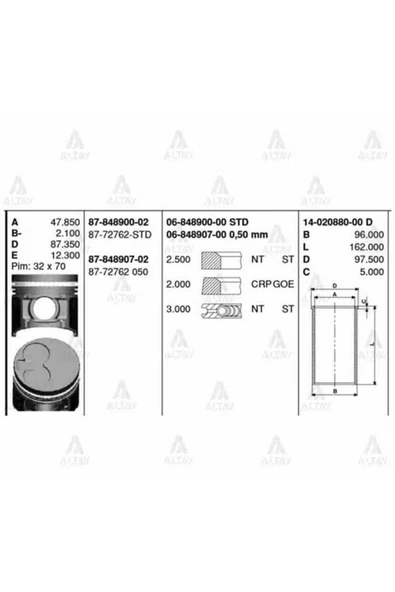 Goetze 87 ISS -72762-STD PISTON SEGMAN STD MAZDA B2500 TURBO ürün görseli 1