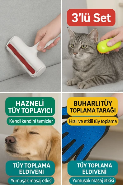 3'lü Tüy Temizleme Seti - Tüy Toplama Eldiveni, Buhar Püskürtmeli Tarak, Hazneli Gırgır - 4