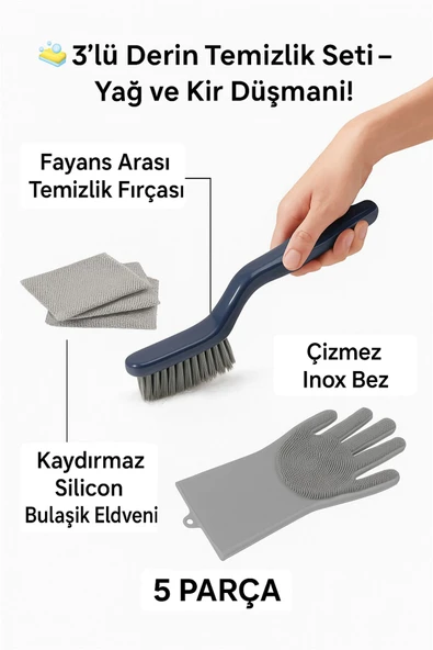 3’lü Ultra Temizlik Seti – Cımbızlı Fırça + Inox Bez + Silikon Eldiven | Yağ, Kir ve Derz Canavarı