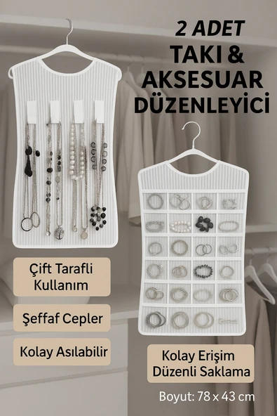 2 Adet Çift Taraflı Dolap İçi Asılabilir Takı Aksesuar Kolye Bilezik Küpe Yüzük Düzenleyici