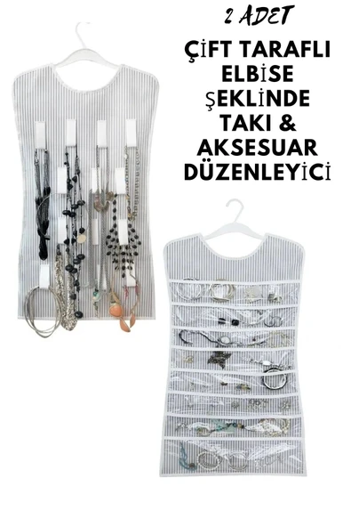 2 Adet Çift Taraflı Dolap İçi Asılabilir Takı Aksesuar Kolye Bilezik Küpe Yüzük Düzenleyici - 8