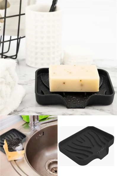 Su Giderli Drenajlı Silikon Sabunluk Kaymaz Banyo Mutfak Lavabo Kenarı Sünger Tutucu Siyah