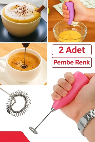 2 Adet Pembe Mini Pilli Süt Köpürtücü Kahve Içecek Hazırlamak Için Mikser Yumurta Çırpıcı Paslanmaz - 2