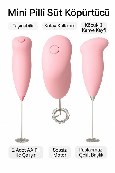 2 Adet Pembe Mini Pilli Süt Köpürtücü Kahve Içecek Hazırlamak Için Mikser Yumurta Çırpıcı Paslanmaz - 3