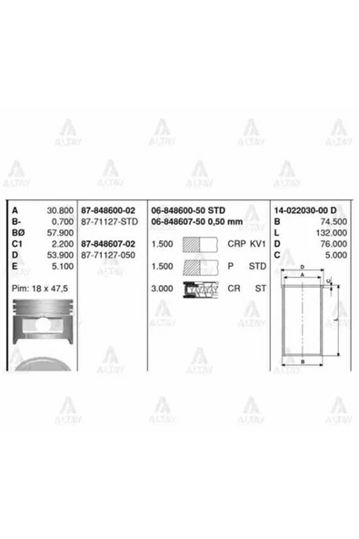 Goetze 87 PISTON SEGMAN JP ACCENT 1.3 71.50mm 01-05  -71127-STD OEM ürün görseli 1