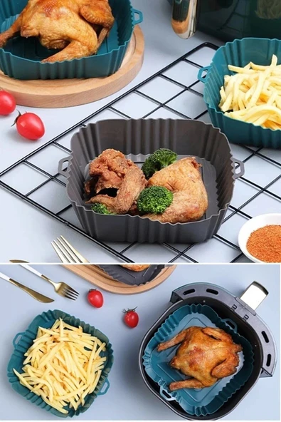 Hijyenik ve Tekrar Kullanılabilir Silikon Air Fryer Yemek Kabı - Mutfakta Pratik Çözüm Kare Model