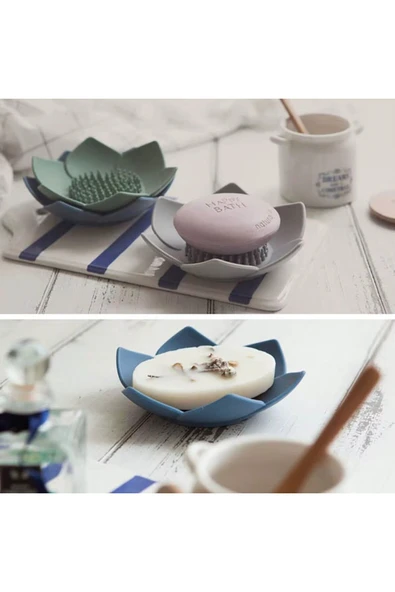 Silikon Lotus Şekilli Katı Sabun ve Sünger Tutacağı Hijyenik Şık Dekoratif Kaymaz Banyo Aksesuarı - 3