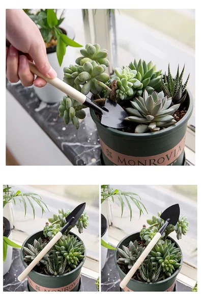 Ahşap Saplı Bonsai Çiçekleri Ve Saksı Bitkileri Için Bahçe Araçları Mini Kürek Tırmık Seti 6 Parça - 8